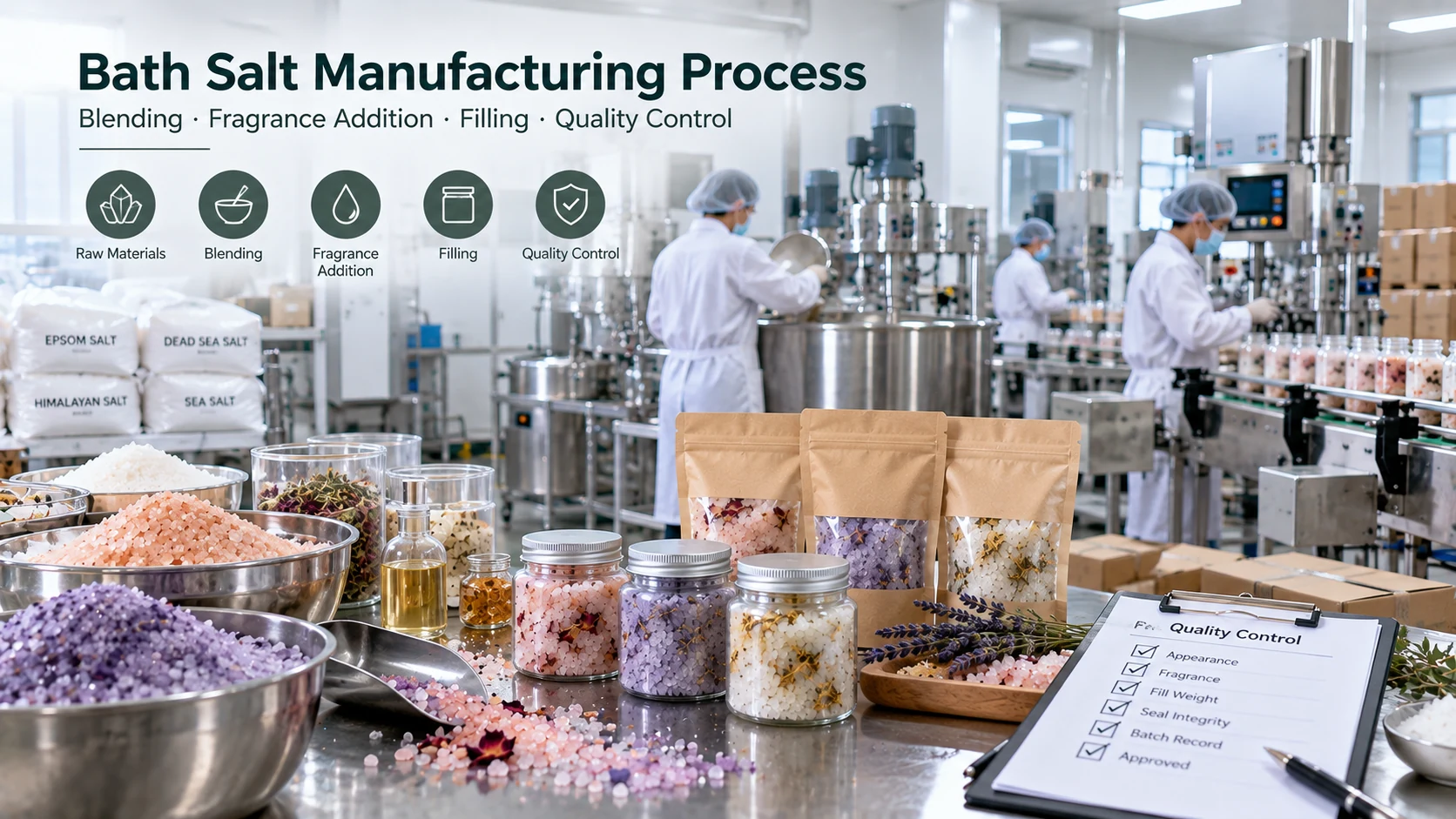Bath salt manufacturing process including blending fragrance addition filling and quality control Bath salt manufacturing process including blending fragrance addition filling and quality control