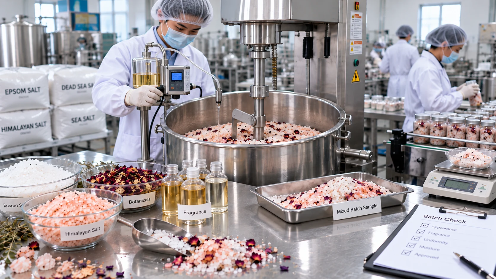 Bath salt blending and controlled fragrance addition during commercial OEM manufacturing Bath salt blending and controlled fragrance addition during commercial OEM manufacturing